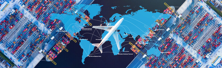 Cargo plane flying above ship port coverage world map import-export, Network logistics partnership...