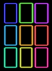 A set of colorful neon frames vertical rectangles. Vector illustration of a bright rectangular shape of different colors, glowing in the dark, with an empty space inside for text for a design template