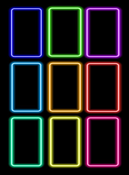 A set of colorful neon frames vertical rectangles. Vector illustration of a bright rectangular shape of different colors, glowing in the dark, with an empty space inside for text for a design template