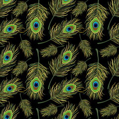 Vector seamless pattern with peacock feathers on black background.