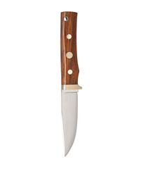 Modern hunting knife with silver blade and rubber handle. Steel arms. Isolate on a white back