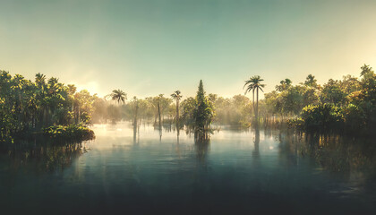 Fototapeta na wymiar Exotic tropical palm forest at sunset, sun rays through leaves, shadows. Tropical forest, exotic forest background, green oasis. 3D illustration.