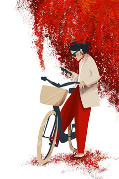 Female holding Phone with Bike with Autumn Outfit on Autumn leaves background