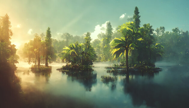 Exotic tropical palm forest at sunset, sun rays through leaves, shadows. Tropical forest, exotic forest background, green oasis. 3D illustration.