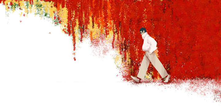 Male with Autumn Outfit Walking on the Autumn Leaves Background