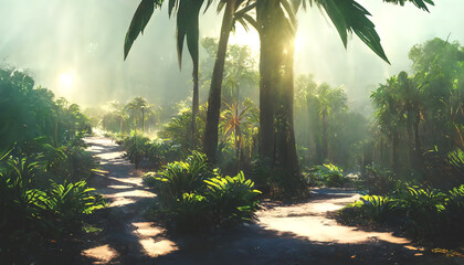 Naklejka premium Exotic tropical palm forest at sunset, sun rays through leaves, shadows. Tropical forest, exotic forest background, green oasis. 3D illustration.