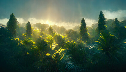 Fototapeta na wymiar Exotic tropical palm forest at sunset, sun rays through leaves, shadows. Tropical forest, exotic forest background, green oasis. 3D illustration.