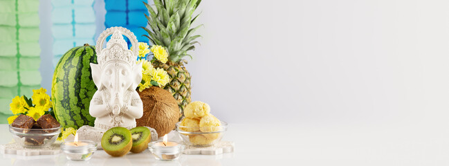 Lord Ganesha , Ganesh festival. Ganesh Chaturthi holiday banner wit sculpture of Ganesha, offerings, fruits, sweets, flowers and candles on light background with decoration, copy space. Hindu religion © KRISTINA KUPTSEVICH