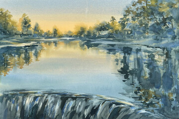Evening landscape by the river weir watercolor background