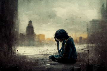 A crying girl has depression - obrazy, fototapety, plakaty
