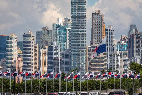 Downtown Panama City with Panama Flags