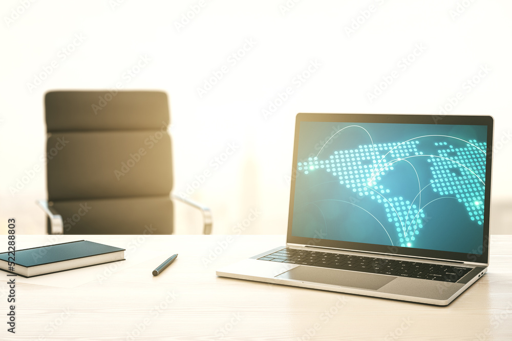 Aufkleber Abstract creative world map with connections on modern laptop screen, international trading concept. 3D Rendering