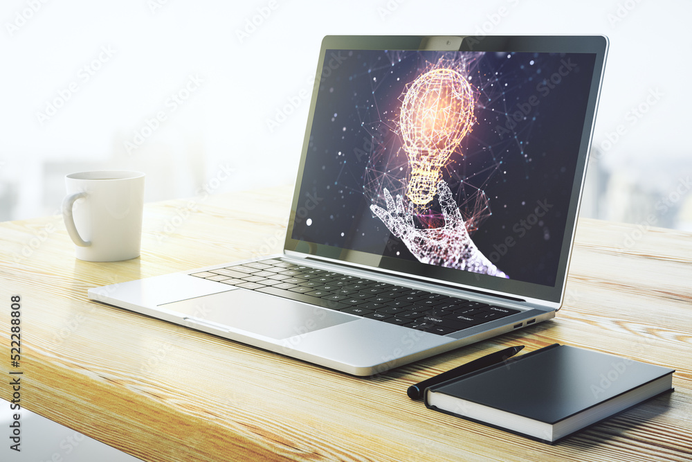 Poster Creative idea concept with light bulb illustration on modern laptop screen. 3D Rendering