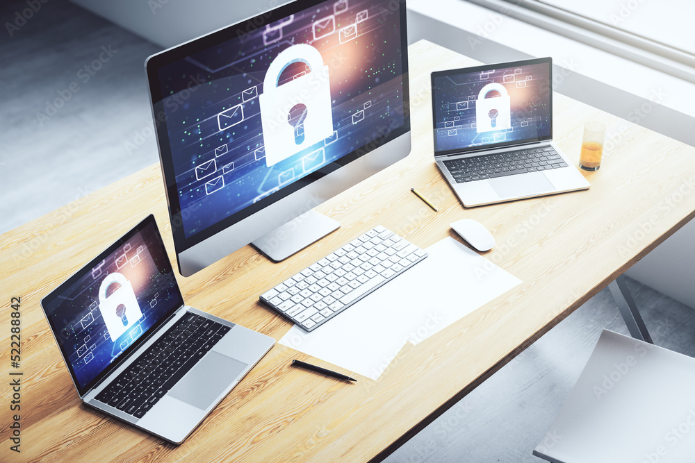 Aufkleber Creative lock sketch with email symbols hologram on modern laptop monitor, protection of personal data concept. 3D Rendering