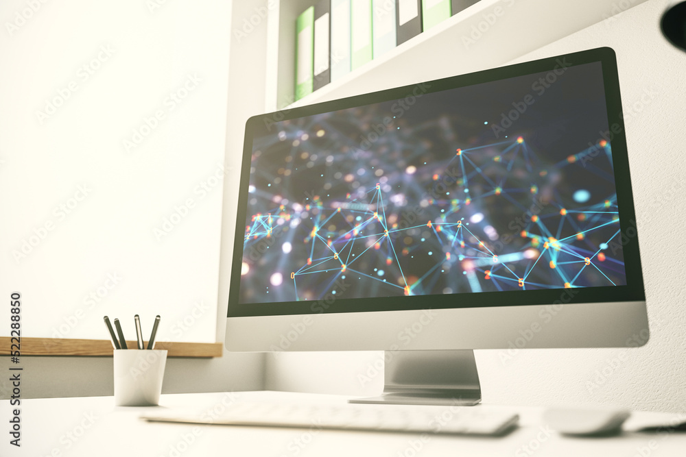 Fototapete Modern computer monitor with technology desktop. Research and development software concept. 3D Rendering