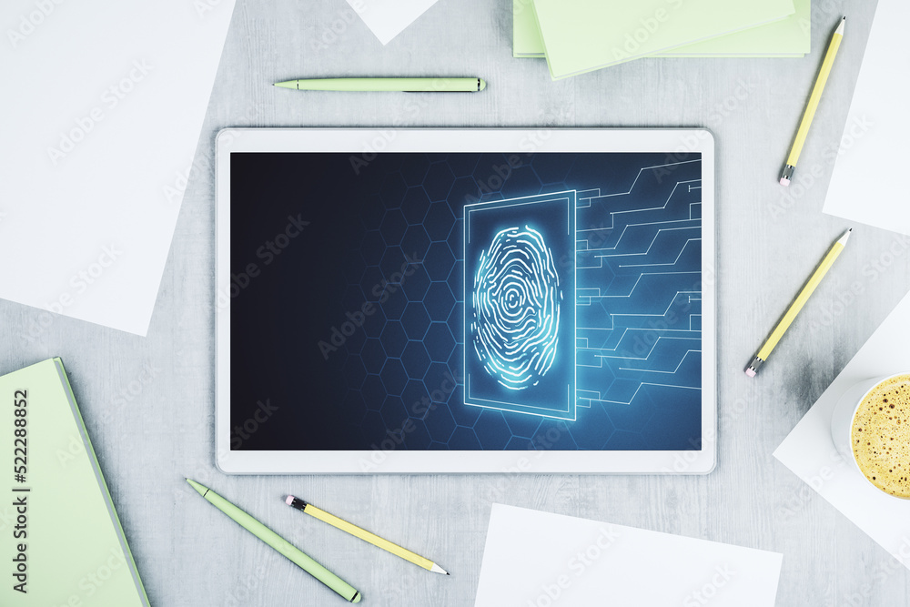 Fototapete Modern digital tablet monitor with abstract creative fingerprint hologram, research and development concept. Top view. 3D Rendering