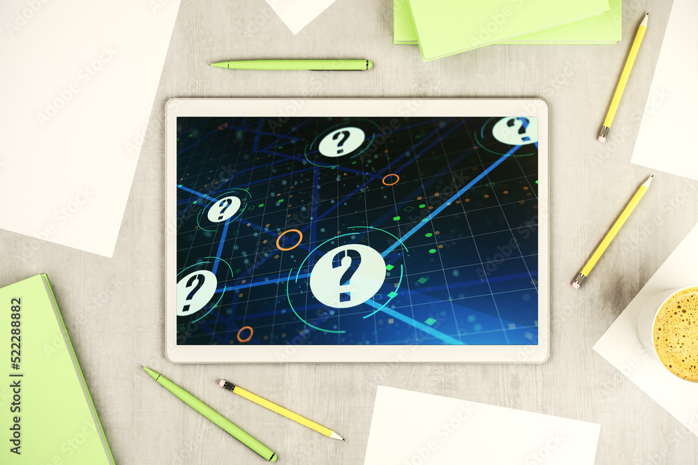 Aufkleber top view of modern digital tablet monitor with question mark hologram. sociology and psychology conc