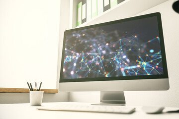 Modern computer monitor with technology desktop. Research and development software concept. 3D Rendering