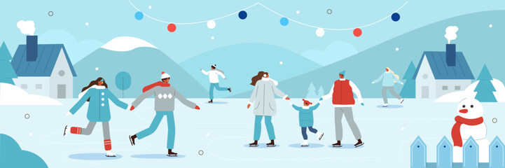 Merry Christmas and Happy New Year. Holiday scene with people characters skating on outdoor ice rink together. Vector illustration. - obrazy, fototapety, plakaty