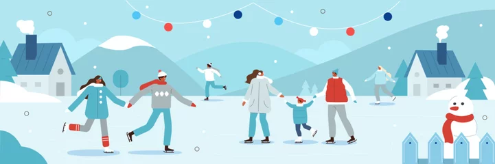 Fotobehang Merry Christmas and Happy New Year. Holiday scene with people characters skating on outdoor ice rink together. Vector illustration. © Irina Strelnikova