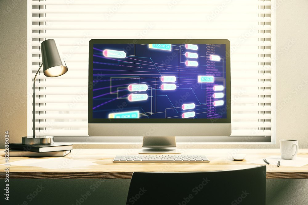 Poster abstract creative coding concept on modern laptop screen. 3d rendering