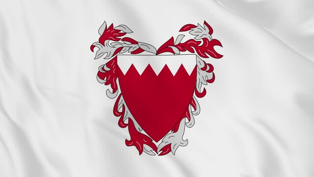 national emblem coat of arms or symbol Kingdom of Bahrain in waving flag. smooth 4k video seemless loop
