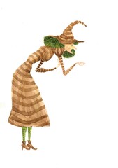 Fototapeta premium watercolor cartoon cute witch in a hat and striped dress bent over on a white background. Template for Halloween greeting card