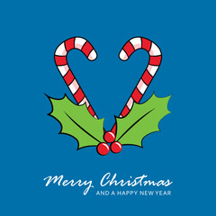 blue christmas card with candy cane and holly berry