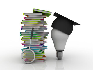 3d rendering students education book with graduate cap on cfl bulb near lens