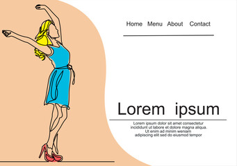 A young girl raised her hands up.Vector continuous line.