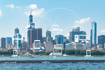 City view, downtown skyscrapers, Chicago skyline panorama over Lake Michigan, harbor area, day time, Illinois, USA. Social media hologram. Concept of networking and establishing new people connections