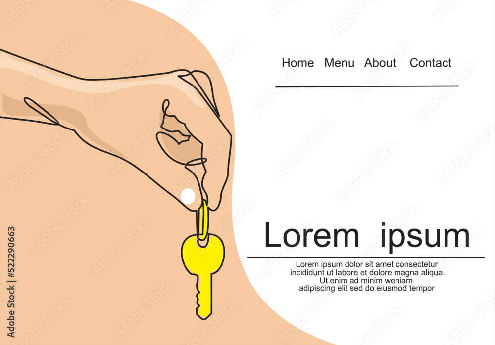 Poster the hand holding a key. vector continuous line.