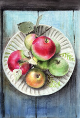 Watercolor illustration of a white ceramic plate with red and green ripe apples on a blue wooden table