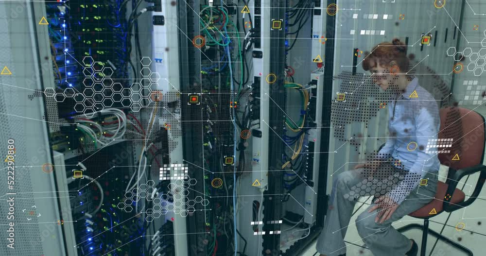 Poster data processing over globe and world map against caucasian female enginner working at server room