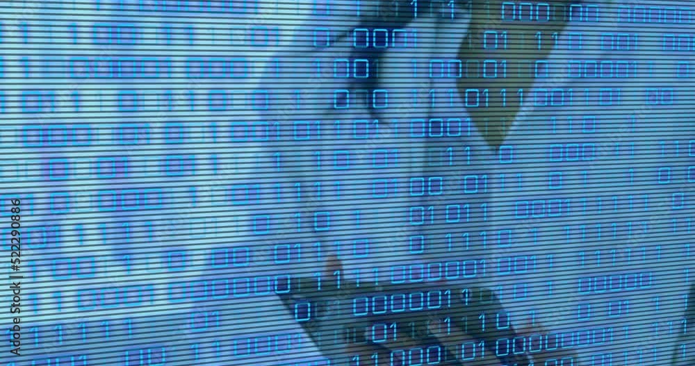 Poster animation of binary coding over mid section of female scientist using digital tablet at laboratory