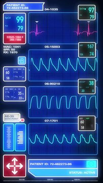 A futuristic simulated medical statistics display screen. Fictional data. Vertical orientation for handheld devices. Loopable.	