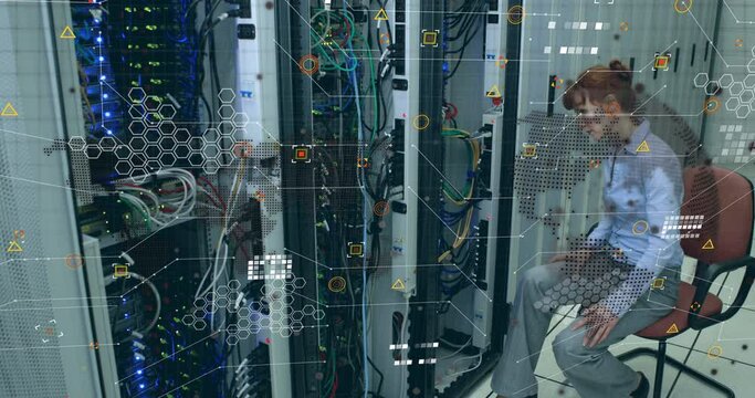 Data processing over globe and world map against caucasian female enginner working at server room