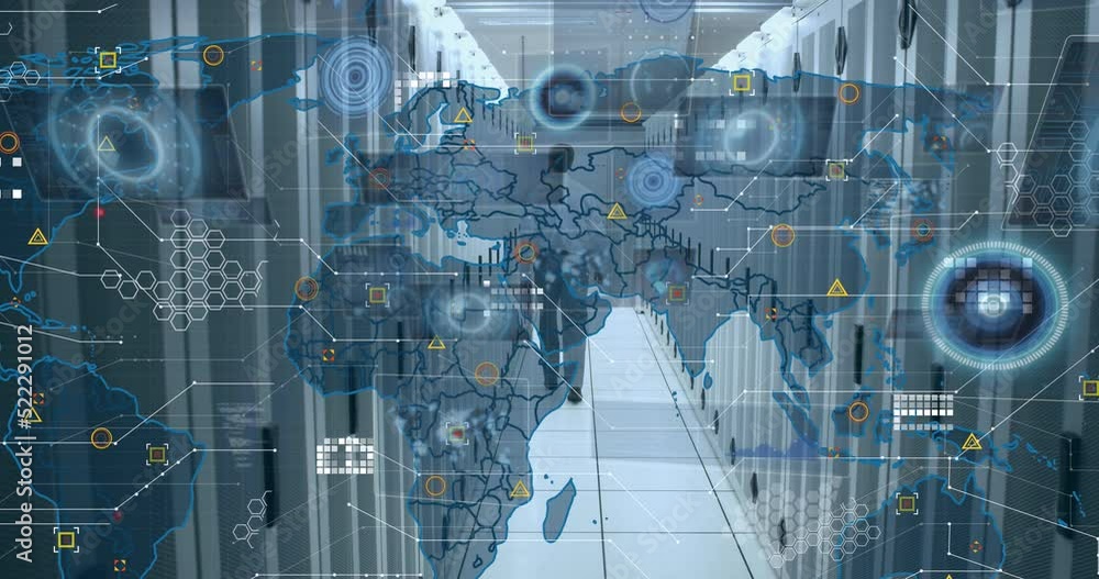 Poster animation of data processing over world map against caucasian male engineer walking in server room