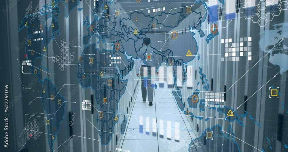 Aufkleber animation of data processing over world map against caucasian male engineer walking in server room