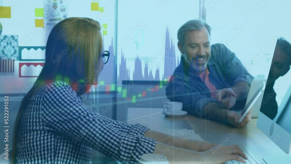 Poster animation of financial data processing over diverse business people using tablet