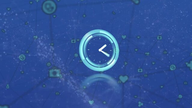 Animation of ticking clock and network of digital icons against shooting stars on blue background