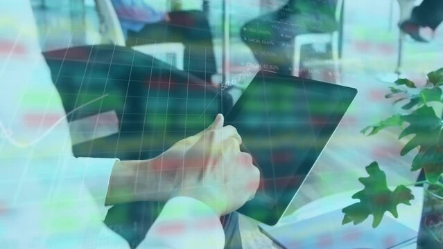 Animation of financial graphs over hands of caucasian woman using tablet with copy space