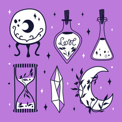 Witchcraft and Magic Illustrations. Set of magic items: love potion, sand clock, magic ball, moon. Halloween wizardry.
