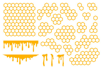 Honeycomb bundle. Orange beehive background. Hive cells. Geometric hexagon shapes. Bee honey set