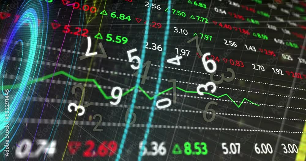 Poster animation of shapes, numbers, processing circle and financial data on digital screen
