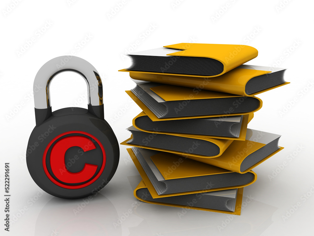 Poster 3d rendering yellow folder and copyright lock. data security concept