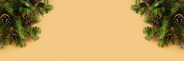 Fir or pine frame boarder witn cone on beige background