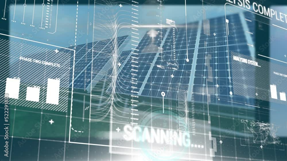 Poster animation of interface with data processing over screens with spinning windmills and solar panels