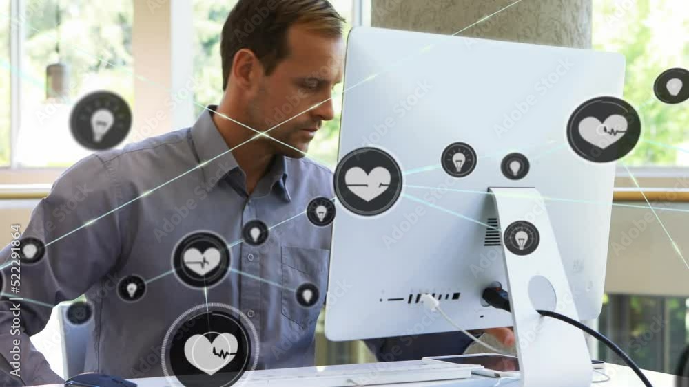 Poster animation of network of digital icons over caucasian man using computer and talking on smartphone