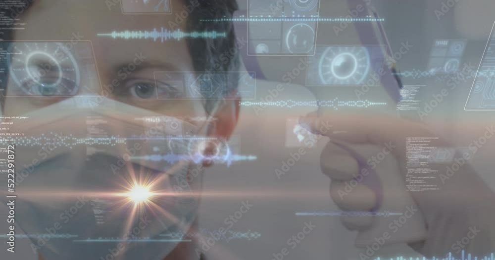 Poster animation of data processing over caucasian man wearing face mask getting his temperature measured